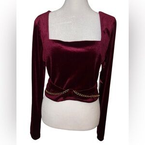 XL Willow Red Velvet Gold Chain Belted Crop Top